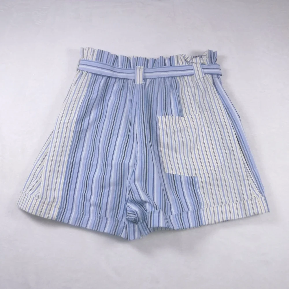 Caryn Jeffery Blue Striped Paperbag Waist Shorts High Rise Tie‎ Belt Womens